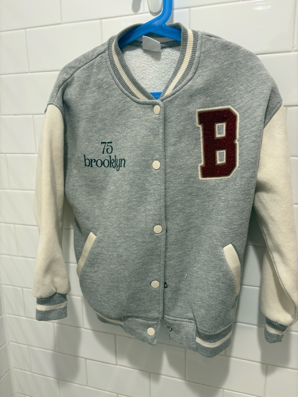 Zara Kids Grey and Cream Varsity Jacket with 'B' Patch